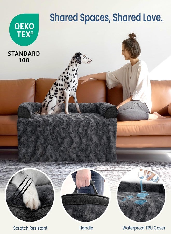 blunique Calming Large Dog Bed for Couch, 41 x 37 inch Removable Couch Cover for Dogs Washable, Non-Slip Fluffy Plush Dog Sofa Mat for Furniture Protector - Dark Grey - Image 2